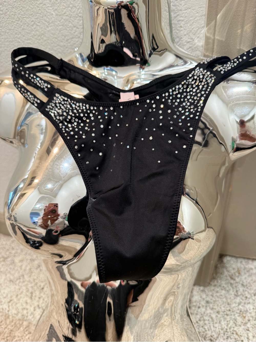 New Victoria's Secret Black Rhinestone double straps thong panty size medium